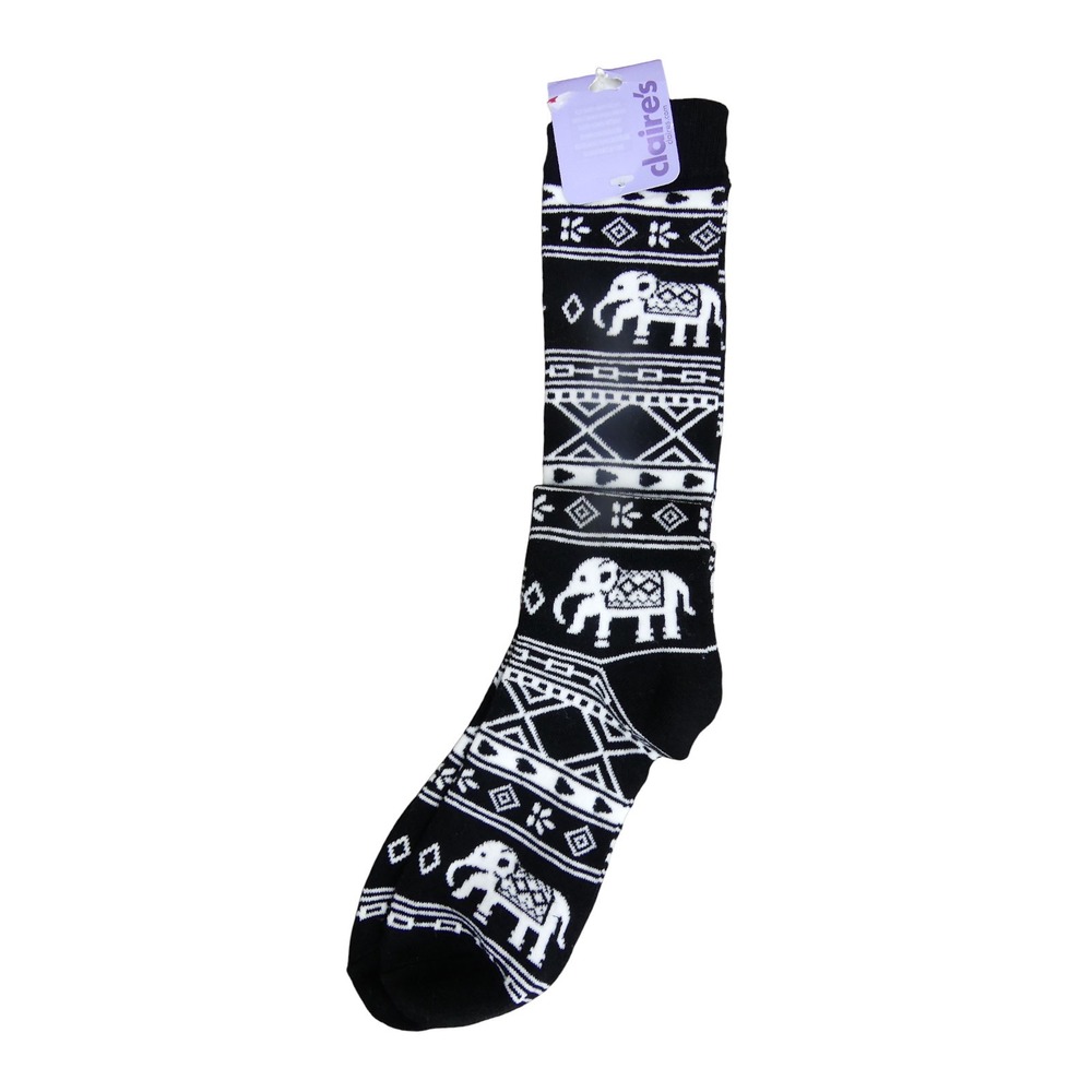 Claire's Knee High Socks Girls OS Black NEW Elephant Tribal Fair Isle Pattern